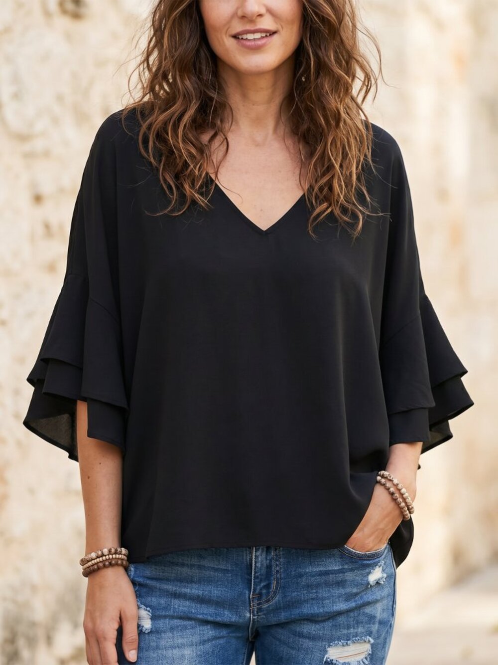 Express Bell Sleeve Boho Top V Neck Black Knit Flowy Whimsigoth Witchy Size L